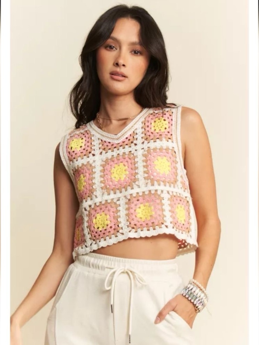 Davi & Dani Boho Crochet Granny Square V-neck Sweater Tank